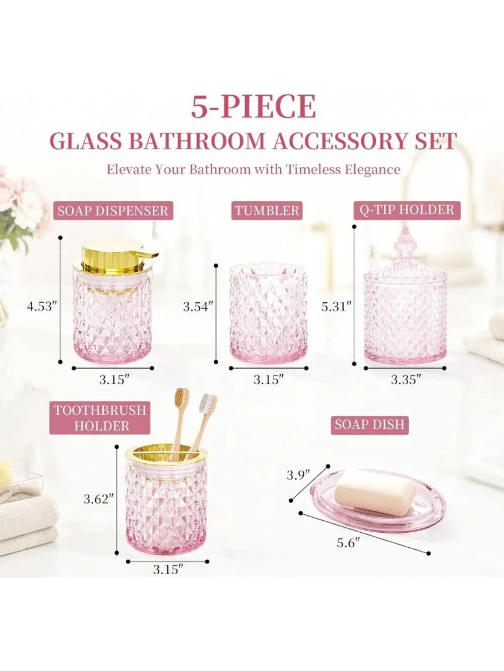 Chic 5-Piece Pink Glass Bathroom Accessories Set for Vanity Decor & Organization